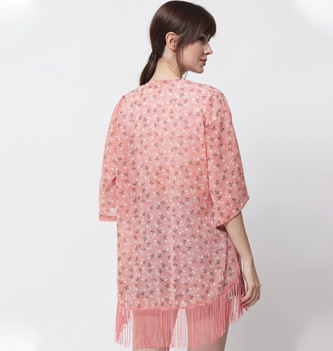 Women Pink & White Floral Printed Tasselled High-Low Longline Shrug